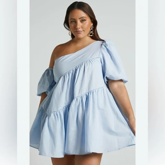 Showpo. | Tops | Showpo Harleen Linenlook Asymmetrical Trim Puff Sleeves  Blue Mini Dress Us 6